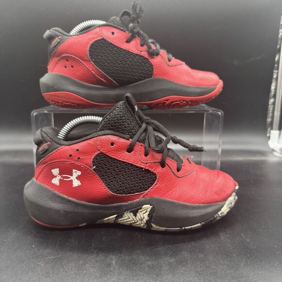 Under Armour Lockdown 6 Kids size 1Y Play Shoes Basketball Red Black Fair Cond - Picture 1 of 6